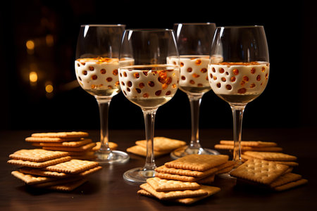 Creative still life featuring clear wine glasses filled with dice, surrounded by golden crackers on a wooden surfaceの素材