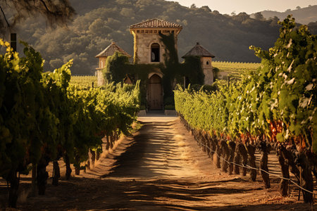 Golden hour sunset over picturesque vineyard estate with grapevines. Winery. Villa. And wine production in a serene countryside setting. Perfect for agritourism and eco-friendly travel in napa valleyの素材