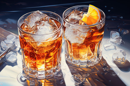 Artistic image featuring two glasses of whiskey on ice, one garnished with a lemon sliceの素材