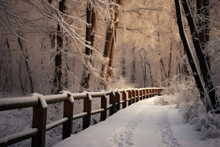 Snow-covered trail with frosty trees and warm light peeking through, creating a tranquil sceneの素材