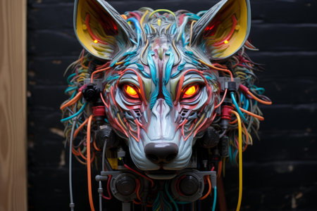 Colorful and intricate cyberpunk wolf head sculpture with electronic elementsの素材