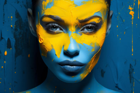 Artistic close-up of a woman with vibrant blue and yellow paint on her faceの素材