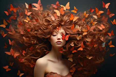 Captivating and surreal portrait of a redheaded woman with flowing hair, surrounded by vibrant butterflies, creating a dreamlike, ethereal, and magical atmosphereの素材