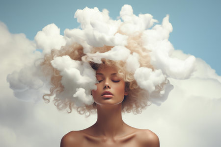 Artistic portrait of a woman with clouds in place of hair, against a sky backgroundの素材