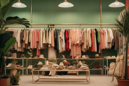 Chic clothing store interior showcases a stylish selection of garments, shoes, and accessoriesの素材