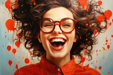 Cheerful young woman with curly hair laughing, wearing red glasses, with heart illustrationsの素材