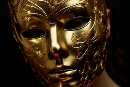 Close-up of a mysterious golden venetian mask with intricate designs, isolated on a dark backdropの素材