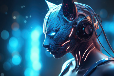Vivid portrait of a female cyborg with glowing blue eyes and neon accentsの素材