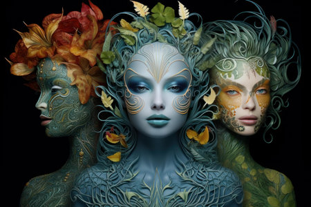 Three models with intricate body paint depicting forest nymph elements on a dark backgroundの素材