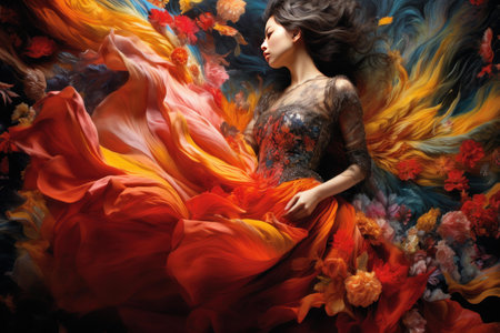 Artistic portrait of a woman amidst colorful flowing fabrics and flowers, symbolizing beauty and fantasyの素材