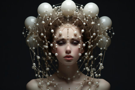 Artistic portrait featuring a woman with a unique headdress made of white orbs and chains against a dark backgroundの素材