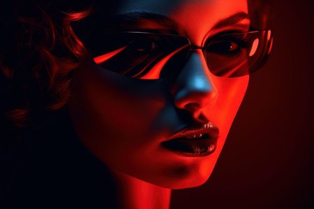 Stylish woman in glasses illuminated by dramatic red neon, exuding mysteryの素材