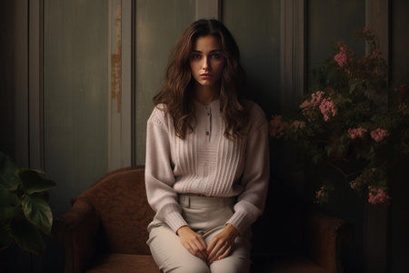Thoughtful woman sits in a cozy room with natural light, conveying a mood of calm and introspectionの素材