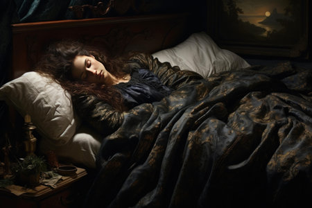 Peaceful woman asleep in ornate bed, bathed in soft moonlight through a windowの素材