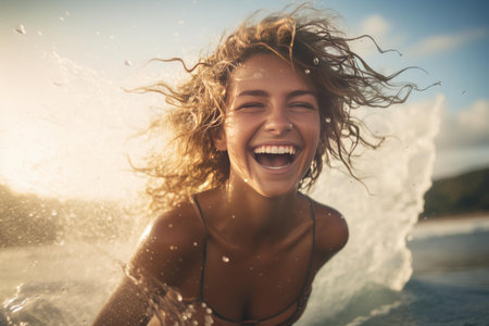 Radiant woman smiles as she is sprinkled with water on a sunny beach dayの素材