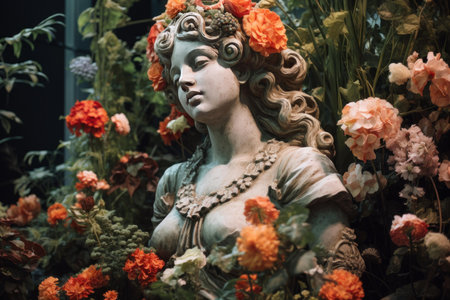 Elegant stone statue adorned with flowers, exuding an ethereal garden charmの素材