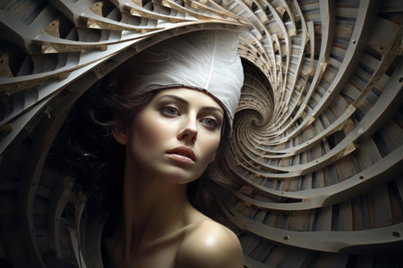Artistic portrait of a woman with expressive eyes enveloped by a mesmerizing spiral patternの素材