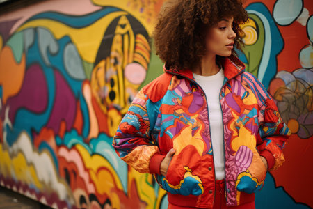 Fashionable woman with curly hair sports a vibrant jacket, posing by an artistic street muralの素材