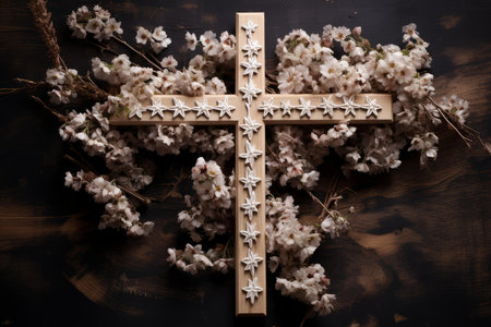 Elegant wooden cross surrounded by delicate white blossoms on a rich, dark wooden surfaceの素材