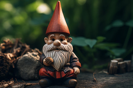 Charming garden gnome sculpture sits among greenery, adding whimsy to outdoor decorの素材