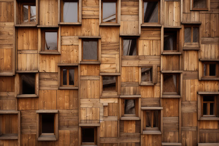 Close-up of a textured wooden building exterior showing a repetitive pattern of windowsの素材