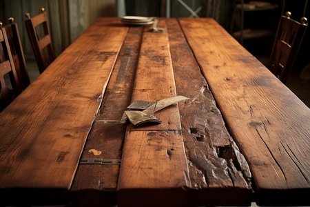 Vintage wood table with rich patina and visible wear, evoking a sense of history and warmthの素材