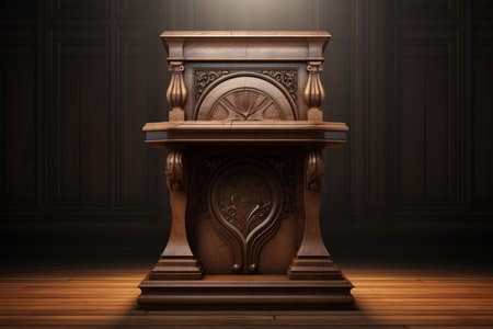 Ornate carved wooden podium stands spotlighted in a grand hall with dark wood panelingの素材