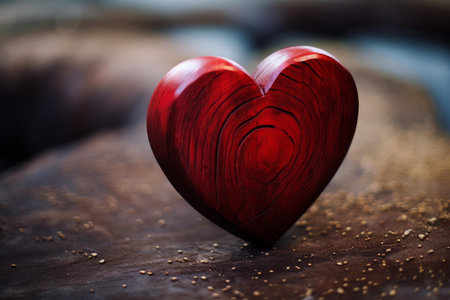 Beautifully carved wooden heart with a rich red hue, set against a blurred indoor backdropの素材