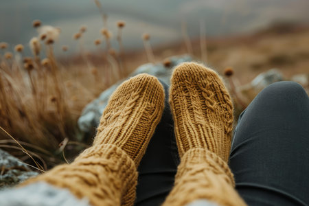 Close-up of feet wearing warm mustard knitted socks amidst a tranquil autumn settingの素材