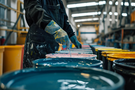 Close-up of a workers hands stirring a vibrant pink paint in a manufacturing settingの素材