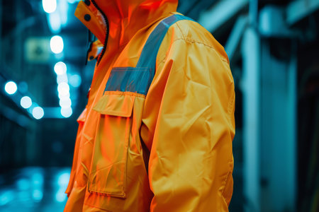 Close-up shot of a workers back wearing a high-visibility safety jacket in an industrial settingの素材