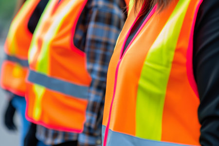 Close-up image showing a group of workers wearing colorful high-visibility vests for safetyの素材