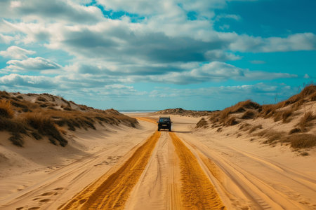 4x4 vehicle drives along a sandy path framed by dunes under a blue sky with cloudsの素材