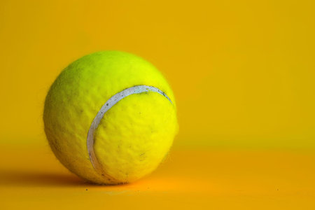 Close-up of a bright yellow tennis ball against a monochrome yellow backdrop, emphasizing texture and colorの素材