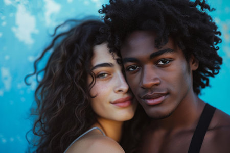 Close-up of a loving couple with curly hair, embracing gently against a blue backdropの素材