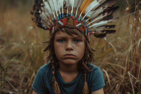 Portrait of a serious young child outdoors wearing a traditional native american headdressの素材