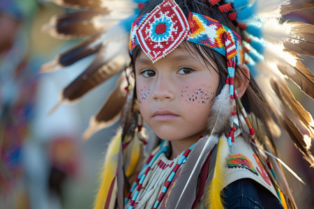 Portrait of a child adorned with colorful native american clothing and headgear, presenting cultural heritageの素材