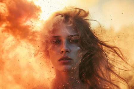 Ethereal female beauty against a vivid smoke backdrop at sunsetの素材