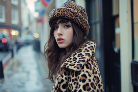Fashion-forward young woman in chic leopard print coat and beret posing on a rainy city streetの素材