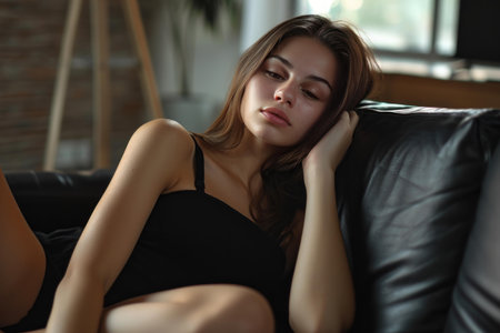 Thoughtful young woman lounging on a sofa, lost in introspection in a cozy room settingの素材