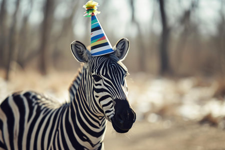 Playful zebra wearing a striped party hat blends with its surroundingsの素材