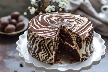 Aesthetic zebra cake with one slice taken out, beautifully displayedの素材