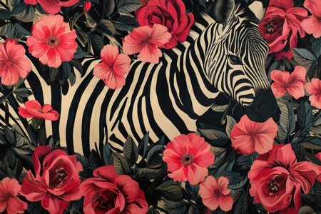 Exotic zebra blending into vibrant floral pattern, inspired by nature and wildlife, in a stylish and modern textile print, perfect for interior decorの素材