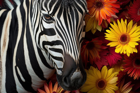 Close-up image of a beautiful zebra standing amidst a vibrant display of gerbera daisies and other colorful flowers in its natural wildlife habitatの素材