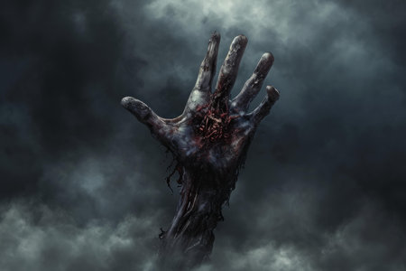 Mysterious bloody hand reaches out against a tumultuous cloudy backdropの素材