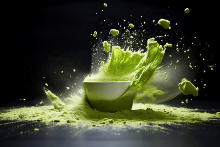 Dynamic image of a green powder explosion around a white bowl against a dark backgroundの素材