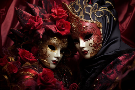 Exquisite venetian masks adorned with gold and roses, set against draped silk fabricの素材