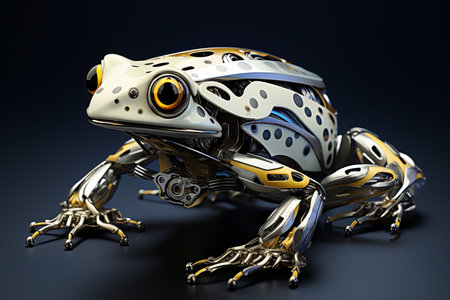 3d illustration of a futuristic robotic frog with metallic components, isolated on a dark backdropの素材