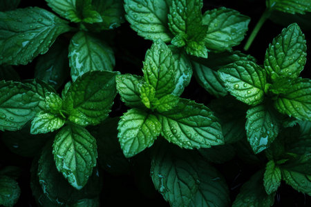 Close-up of water droplets on lush mint leaves, highlighting natural freshnessの素材