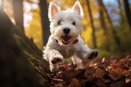 Playful westie dog bounds through a forest filled with golden autumn leavesの素材